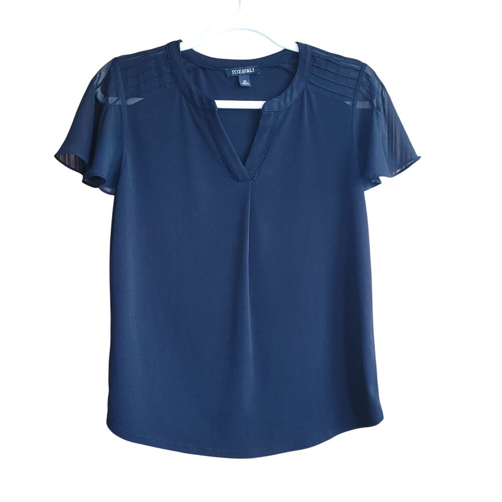 Roz & Ali Black Flutter Sleeve Blouse Pleated Notch Neck Lightweight Top XS